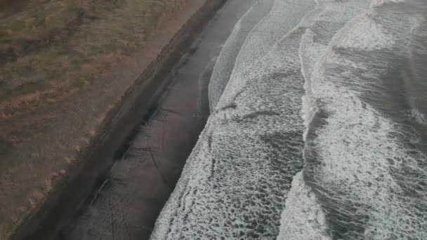 Inclinación Aérea Hacia Arriba Revelando Costa Islandesa Montañas Nevadas Fondo — Vídeo de stock