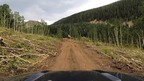 産業機械とコロラド州の雄大なサンフアン国立の森でのロギングサイト 運転Povショット — ストック動画
