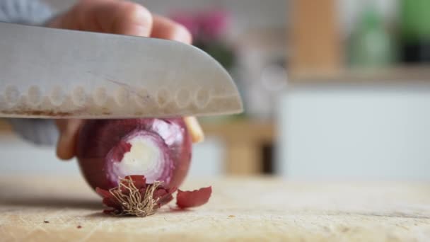 靠近女人的手开始在厨房里用一把圆形锋利的小刀切意大利红洋葱 家庭烹饪和健康食品概念 — 图库视频影像