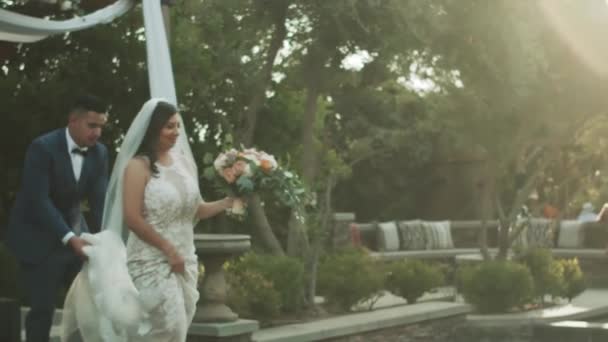 Bride Walking Holding Bouquet While Groom Helping Her Wedding Dress Royalty Free Stock Video