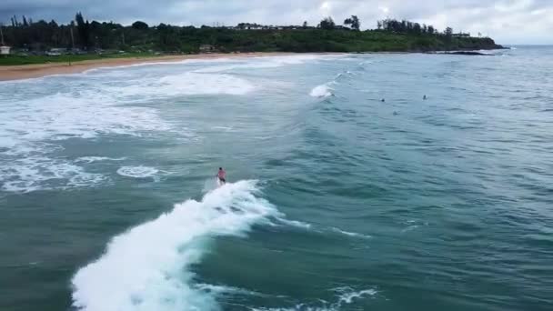 Vista Aérea Surfista Montando Olas Una Playa Nublada Kauai Hawái — Vídeos de Stock