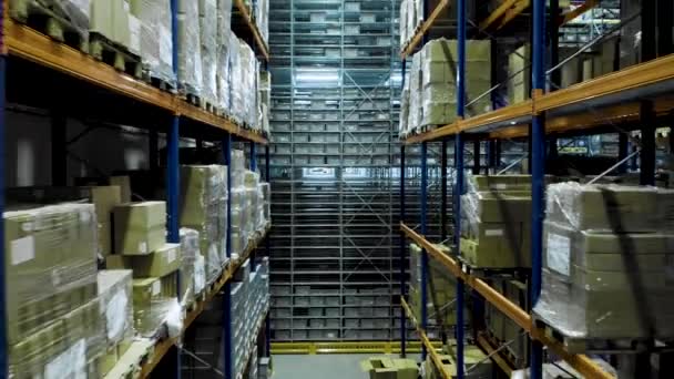 Multi Storey Shelving Systems Used Big Storage Warehouse Drone Flight — Stock Video