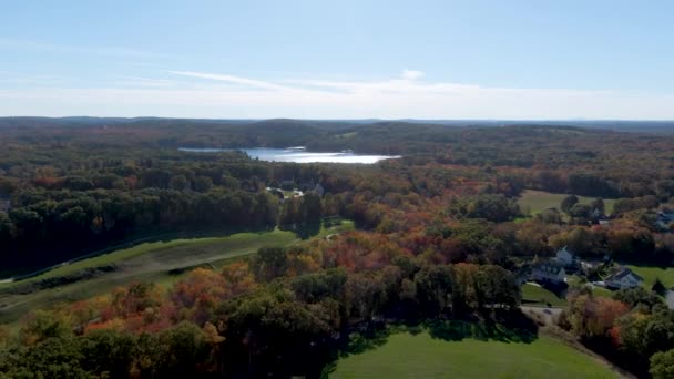 秋の色の森と湖の水の反射 ヘイブリル 米国の町 空中ドローンビュー — ストック動画