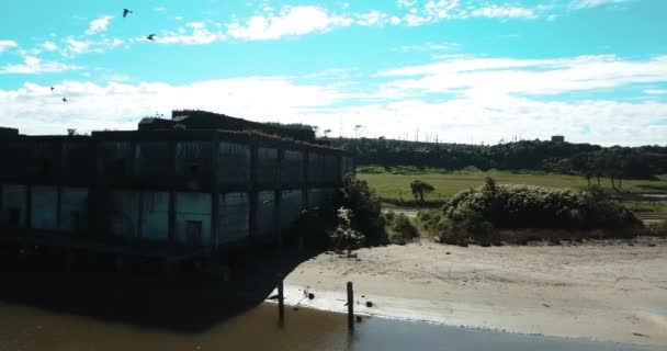 Antenne Überquert Verlassene Gebäude Der Fleischfabrik Patea Fluss — Stockvideo