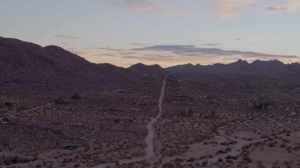 Aerial Desert Landscape Joshua Tree California Sunset Lonely Dirt Road — Stock Video