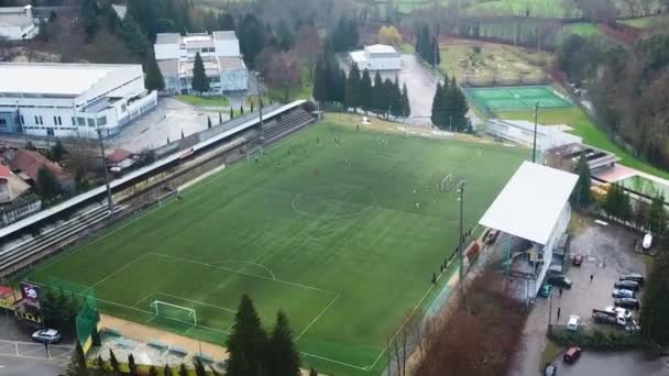 Campo Futebol Com Jogadores Vista Aérea Drone Jogar Futebol Tribunal — Vídeo de Stock