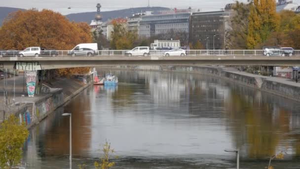 Beautiful Static View Bridge River Danube Slow Movement Traffic Morning — Stock Video