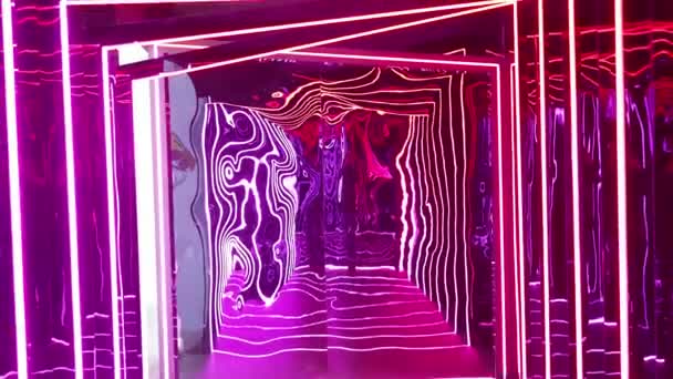 Mirror Wall Tunnel Pink Led Lighting Zoom Out — Stock Video