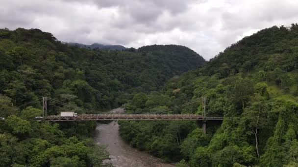 Дрон Повільно Наближається Сталевого Мосту Оточеного Густими Тропічними Лісами Посеред — стокове відео