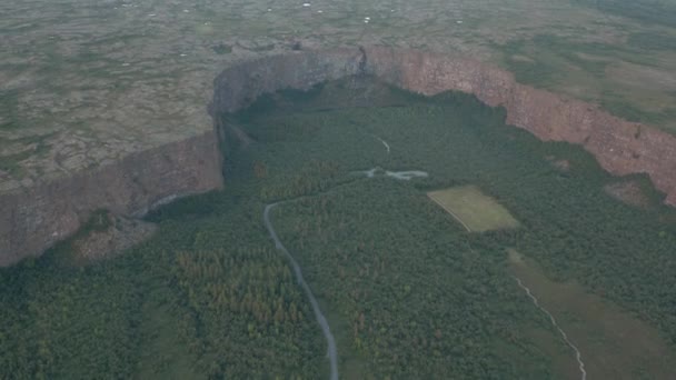 Zlanda Daki Asbyrgi Kanyonunda Nalı Şeklinde Bir Orman Vadisi — Stok video