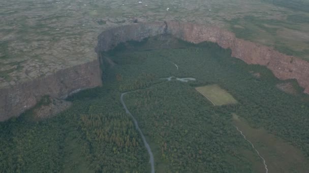 Bos Vallei Hoefijzer Vorm Canyon Van Asbyrgi Ijsland Antenne — Stockvideo