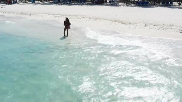 Tourist Woman Puts Sunglasses While Tropical Beach Drone Slide Right — Stock Video