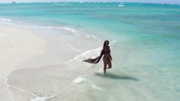 Solo Woman Bikini Idyllic White Sand Beach Playa Teco Maimon — Stock Video