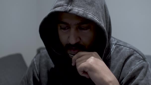 Serious Man Wearing Dark Grey Hoodie Neatly Done Beard Moustache — Stock Video