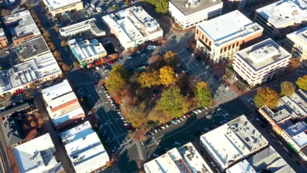佐治亚州玛丽埃塔市的一个小镇广场上 有人在广场上打了个喷射器 展示了树木的秋天颜色 — 图库视频影像