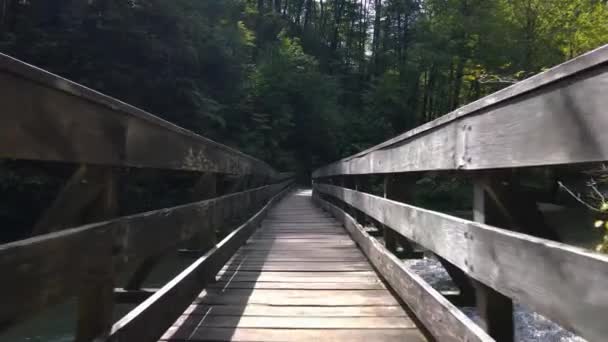 Διασχίζοντας Την Παλιά Γέφυρα Πάνω Από Ποτάμι — Αρχείο Βίντεο