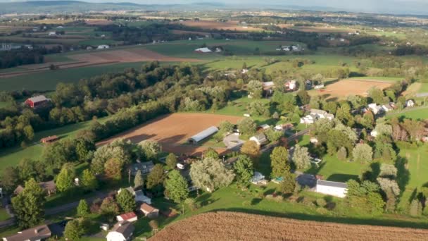 農地の中でアメリカの農村部の町 村の夏の空中 美しい黄金の時間の光と影 — ストック動画
