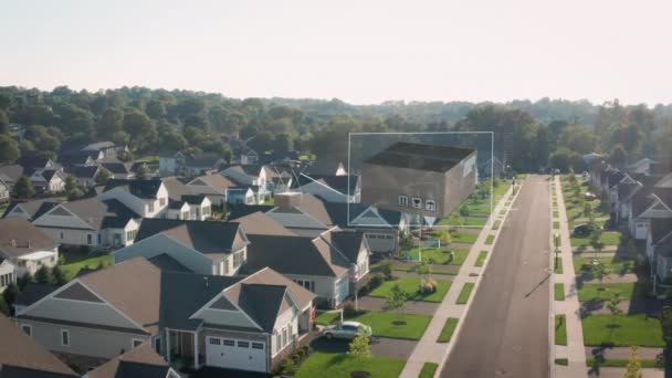 Símbolo Entrega Pacote Sobre Casas Bairro Conceito Logística Futurista Com — Vídeo de Stock