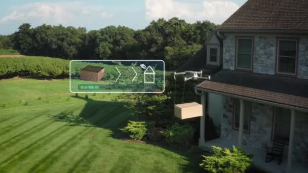 完成无人机包送动画 中空班机将包裹空投在家里前门的区域 — 图库视频影像