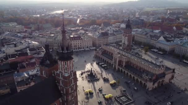 Aerial Circling Main Market Square Golden Hour Krakow — Stok Video