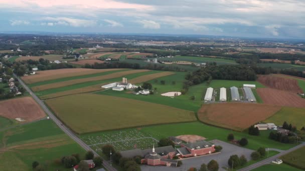 High Wide Aerial Rural America Christian Church Farmland Beautiful Farm — Stock Video