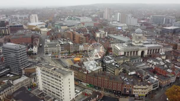 Nottingham City Storbritannien Drönare Antenn Pan Old Market Square Med — Stockvideo
