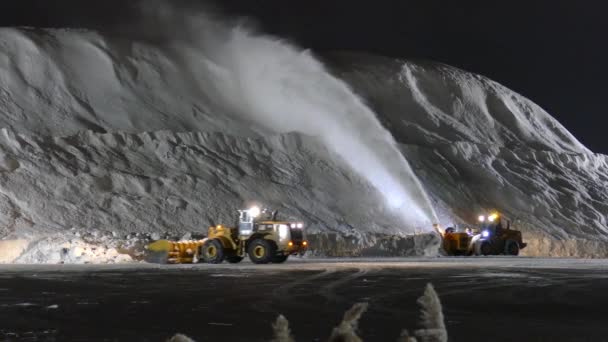 雪ブロワーは夜に雪が積もる雪で覆われた通りをクリアします 豪雪後 — ストック動画