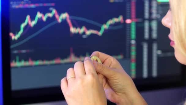 Blondýny Žena Drží Dívá Dogecoin Rukou Před Kryptoměna Obchodování Grafy — Stock video