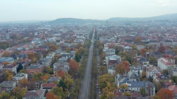 Luchtweergave Van Rechte Andrssy Avenue Boulevard Boedapest Stad Drone Schot — Stockvideo