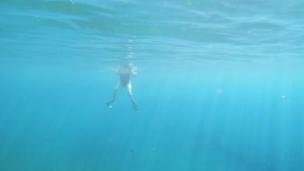 Naisturisti Snorklaus Joonianmerellä Auringonvalon Säteillä Mirtos Beach Kefalonian Saarella Kreikassa — kuvapankkivideo