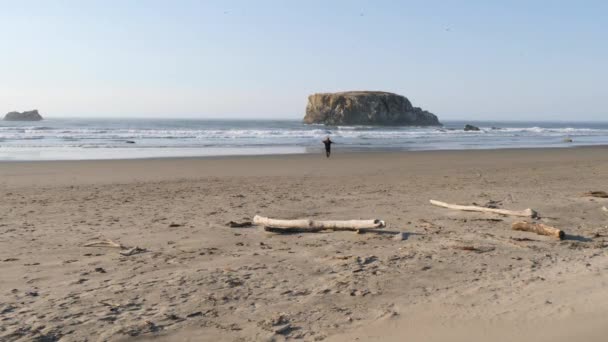 Man Long Red Hair Spins Beach Sands Massive Rocks Waves — Stock Video