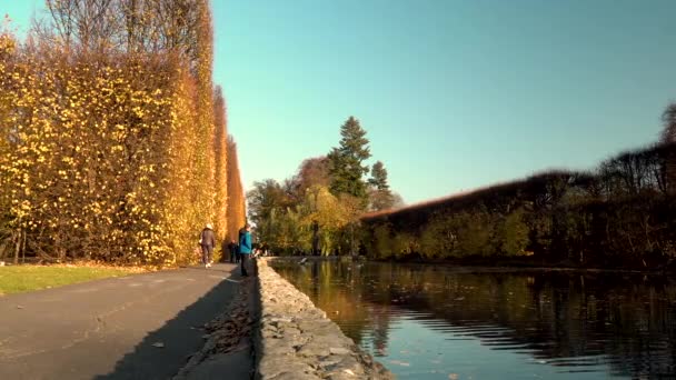 秋景奥里瓦公园池塘中的游客 天空及其反光 静态拍摄 — 图库视频影像