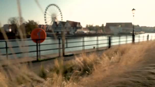 Paisagem Tranquila Cidade Velha Gdansk Com Rio Roda Gigante Fundo — Vídeo de Stock