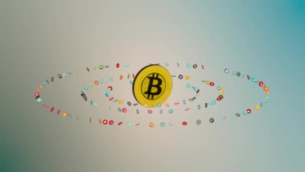 Bitcoin a Altcoins Price Dependency Concept. Ostatní kryptografické mince se točí kolem bitcoinu na barevném pozadí. Symbol dominance bitcoinu 3D 4K Animation