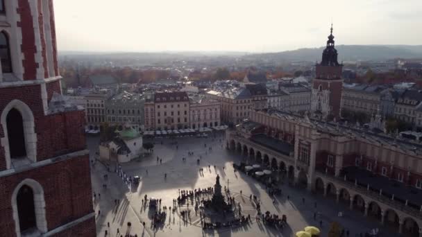 Praça Mercado Medieval Cracóvia Bonita Golden Hour Sunset Aerial — Vídeo de Stock