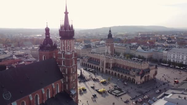 Aerial Orbit Krakow Medieval Market Square Golden Hour Sunset View — 비디오