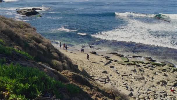 Люди Які Насолоджуються Пляжем Теплий Сонячний День Джоллі Штат Каліфорнія — стокове відео