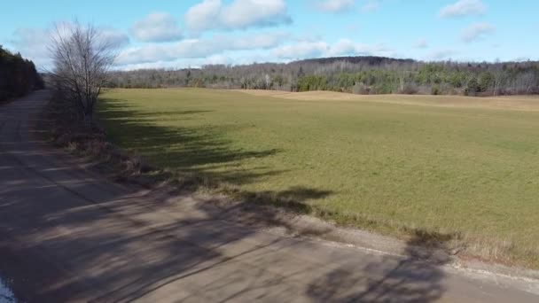 Stigande Antenn Skott Jordbruksmark Fält Omgiven Skog Och Väg — Stockvideo