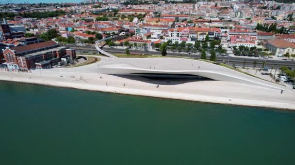 Aerial View Maat Museum Sunny Lisbon Portugal Orbit Drone Shot — Stock Video