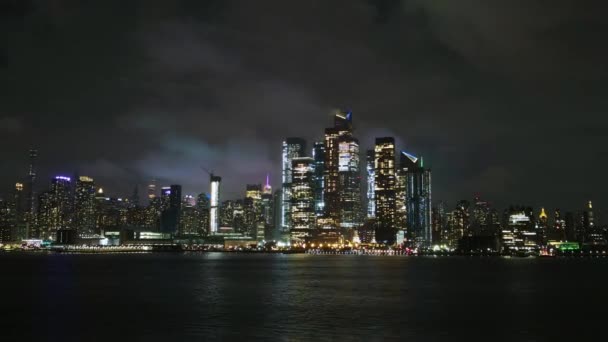 Hyper Lapse Aerial View Midtown Cityscape Lights Moving Clouds Manhattan — Stock Video