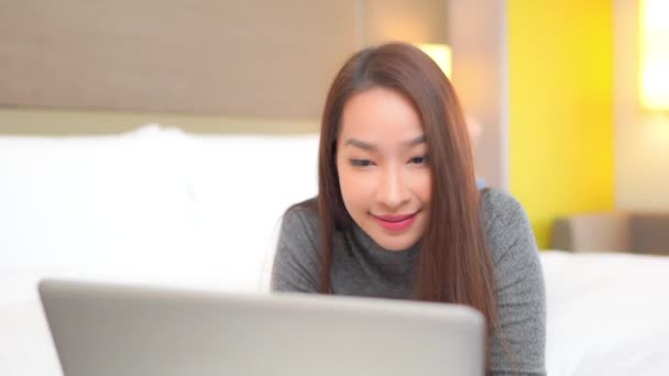 Close Pretty Young Woman Working Her Laptop Reacting Joy Her — Stock Video