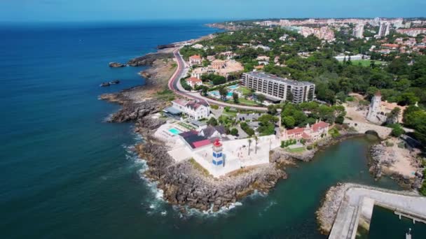 Aerial Drone View Santa Marta Lighthouse Museum Shore Sunny Cascais — Wideo stockowe