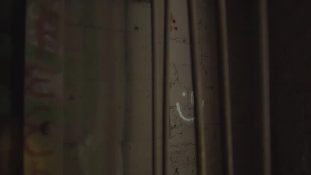 Stáhněte Zevnitř Zrezivělých Vězeňských Mříží Bílého Graffiti — Stock video