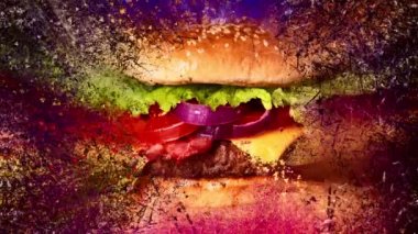 Hamburgerin aşırı yüklenmesi Uçan Minik Parçalar 'la birlikte patlıyor. Gıda Sanatı Konsepti Geçmişi. - Yakın çekim.