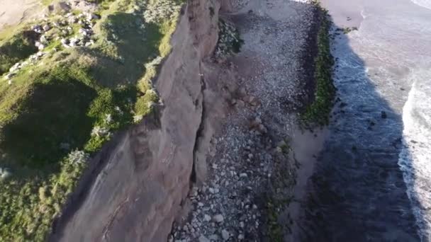 Flygfoto Visar Fågel Flyger Över Klippor Och Stranden Solig Dag — Stockvideo