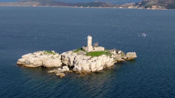 Drohne Schöner Blick Auf Leuchtturm Mit Möwen Auf Korfu Griechenland — Stockvideo