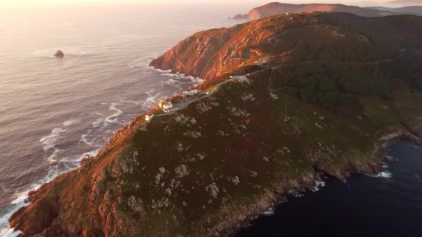 Vzdušný Západ Slunce Pohled Mys Finisterre Konec Země Během Zlaté — Stock video