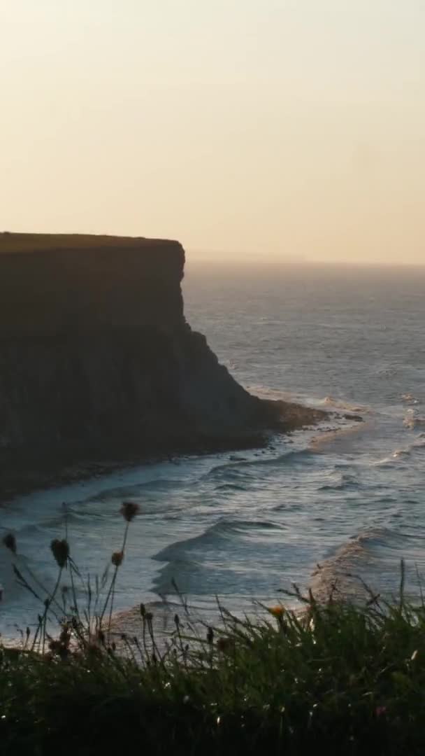 有悬崖的大西洋沿岸景观的垂直录像和特蕾西 苏尔默从大角山到诺曼底登陆海滩的景观 — 图库视频影像