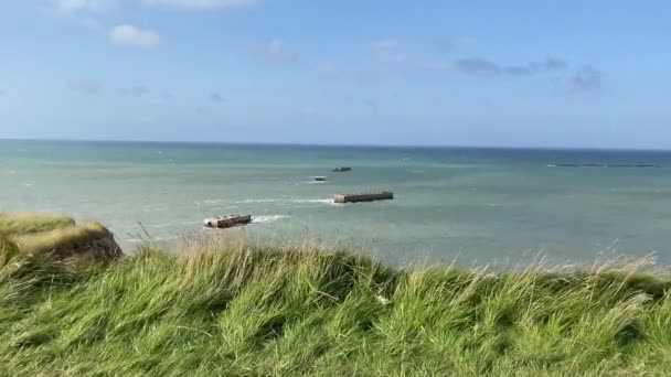 Mulberry Kikötő Széleskörű Fotózása Katonai Hordozható Kikötő Maradványai Gold Beachen — Stock videók