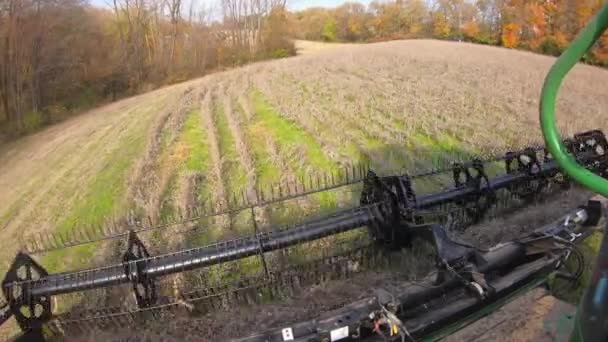 Pov Farmer Using Combine Belted Soybean Header Harvest Beans Field — стоковое видео